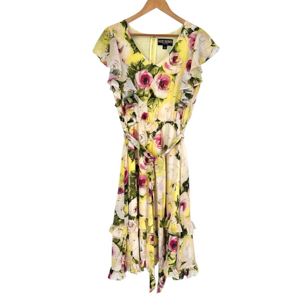 Marc Bouwer Yellow Floral Tiered Midi Dress size Large Ruffle Flutter Sleeves